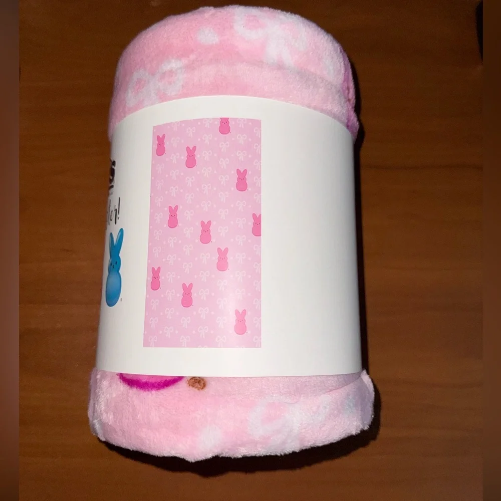 PEEPS Happy Easter Pink Plush Blanket / Throw with Bunnies, Bows and Dots.